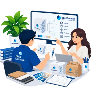 Ilustrasi proses menentukan desain dan spesifikasi kemasan custom