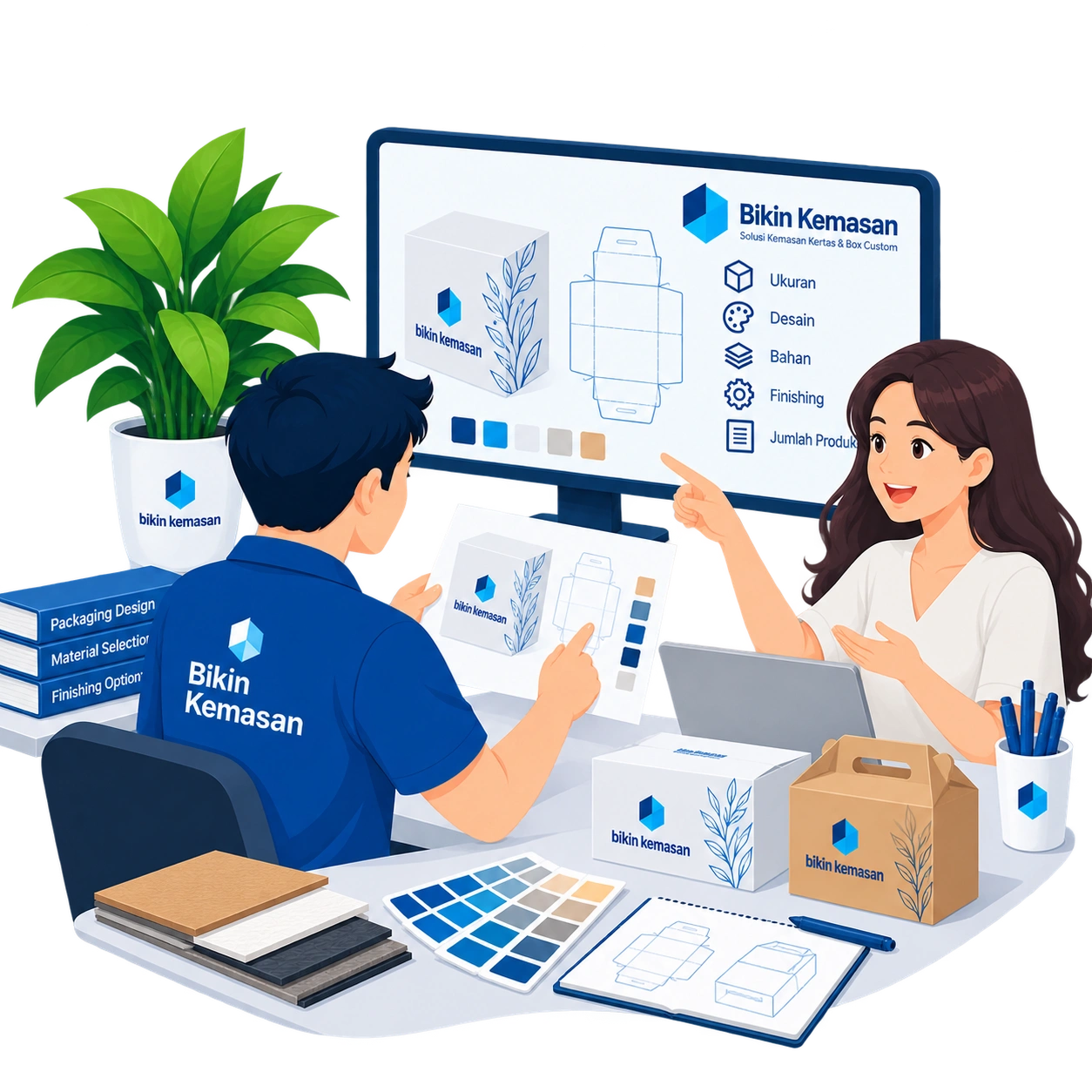 Ilustrasi proses menentukan desain dan spesifikasi kemasan custom